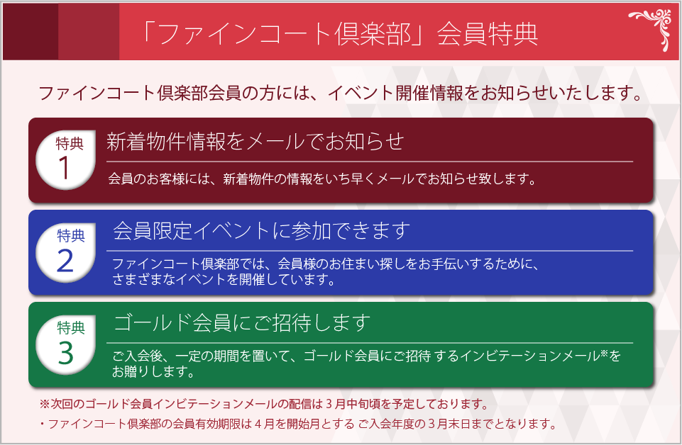 「ファインコート倶楽部」会員特典：ファインコート倶楽部会員の方には、イベント開催情報をお知らせいたします。〜特典１／新着物件情報をメールでお知らせ：会員のお客様には、新着物件の情報をいち早くメールでお知らせ致します。〜特典２／会員限定イベントに参加できます：ファインコート倶楽部では、会員様のお住まい探しをお手伝いするために、様々なイベントを開催しています。〜特典３／ご入会後、一定の期間を置いて、ゴールド会員にご招待 するインビテーションメールをお贈りします。※次回のゴールド会員インビテーションメールの配信は3月中旬頃を予定しております。（ファインコート倶楽部の会員有効期限は４月を開始月とするご入会年度の３月末日までとなります。
