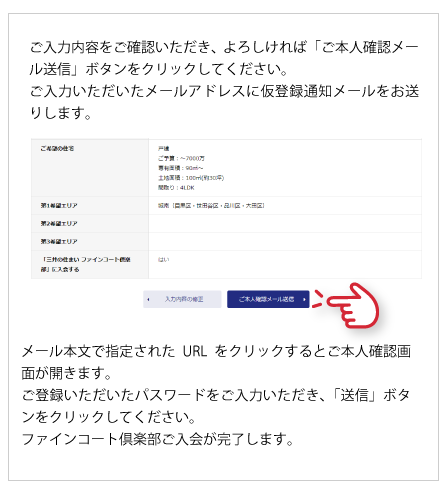 ご入力内容をご確認いただき、よろしければ「ご本人確認メール送信」ボタンをクリックしてください。ご入力いただいたメールアドレスに仮登録通知メールをお送りします。〜メール本文で指定されたURLをクリックするとご本人確認画面が開きます。ご登録いただいたパスワードをご入力いただき、「送信」ボタンをクリックしてください。ファインコート倶楽部ご入会が完了します。