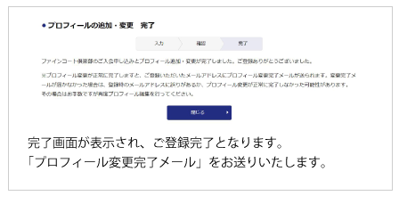 完了画面が表示され、ご登録完了となります。「プロフィール変更完了メール」をお送りいたします。